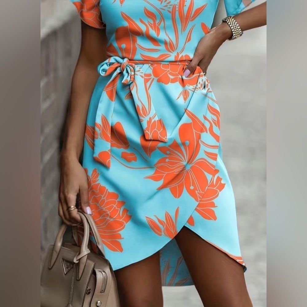 Plant Print V Neck Casual Asymmetrical Hem Tie Waist Dress - Picture 5 of 5